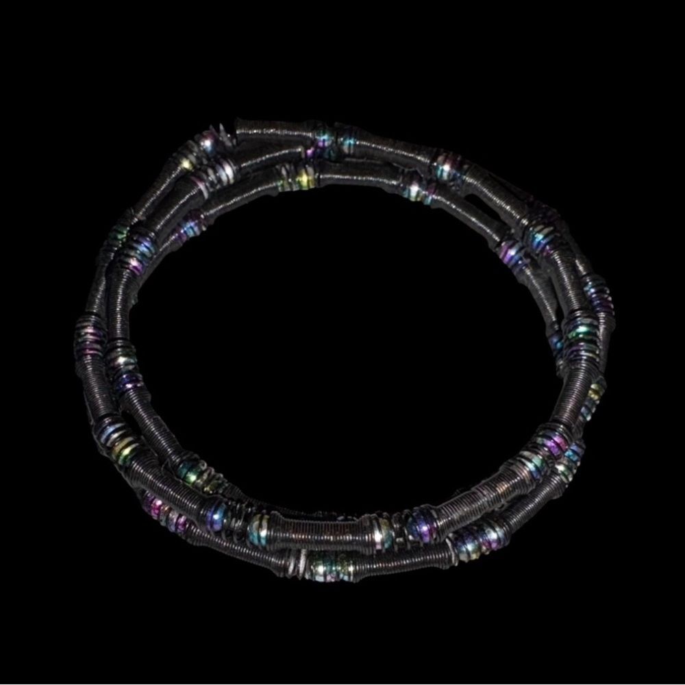 Artisan Black Spring Coil Bracelet Set Iridescent Beads Unique